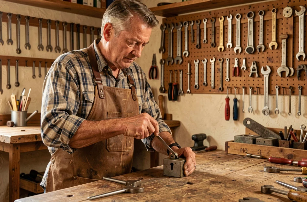 Paul Courtois travaillant manuellement sur une pièce de serrurerie dans son atelier artisanal