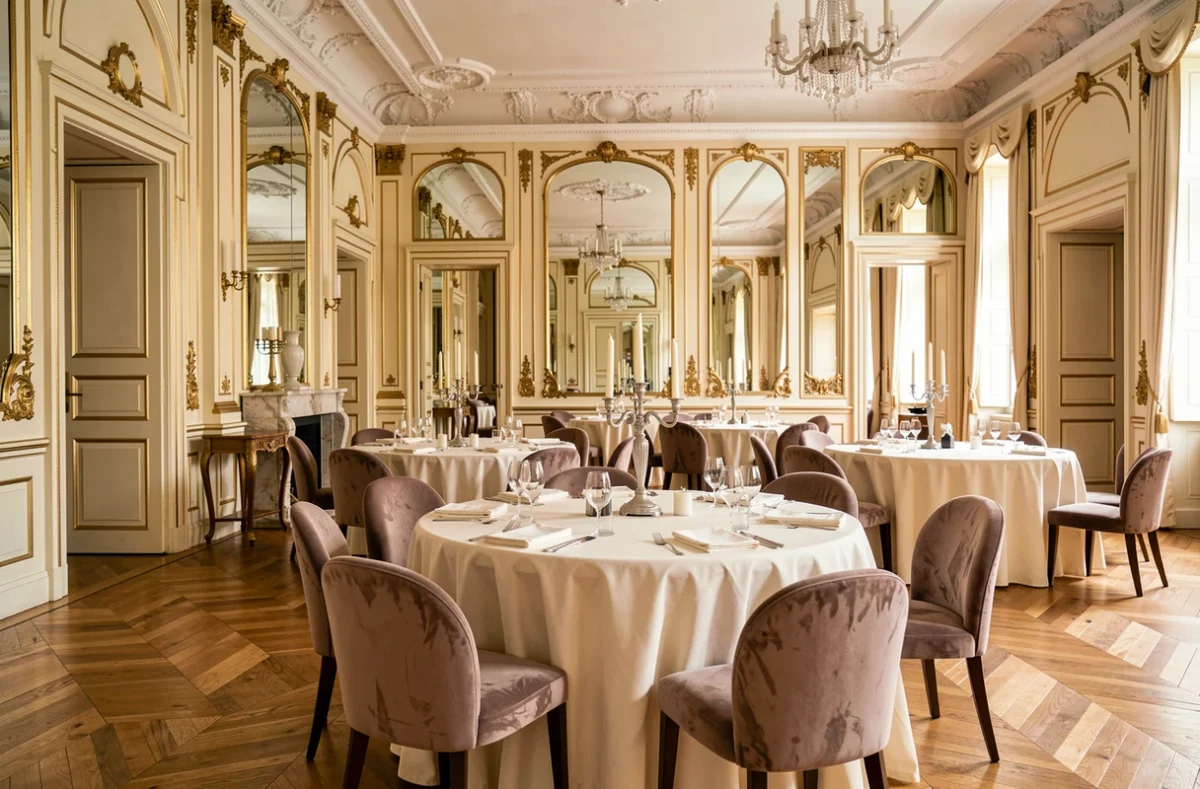 Salle de réception du Pavillon Cambon Capucines à Paris avec architecture classique dorée, parquet en chevrons et tables dressées en lin ivoire