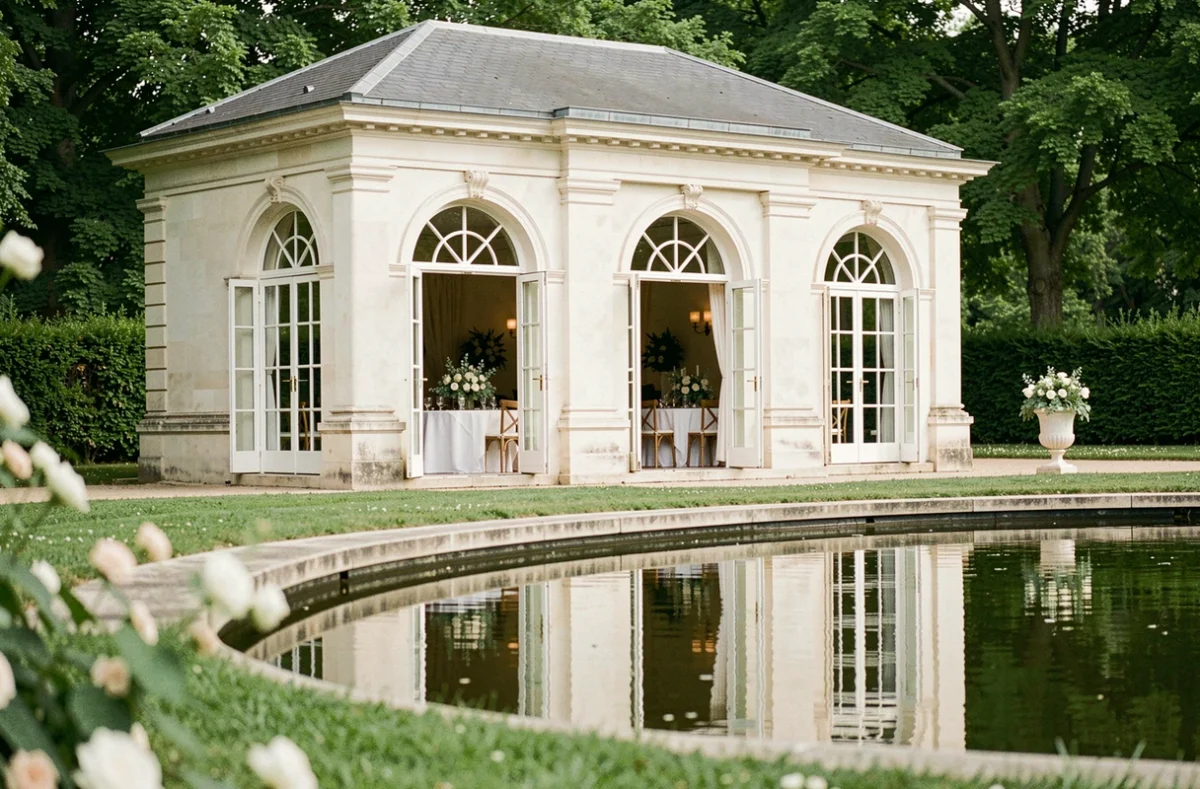 Pavillon Dauphine près du Bois de Boulogne avec façade en pierre blanche, étang ornemental et salle de mariage décorée de roses blanches visible par les portes ouvertes