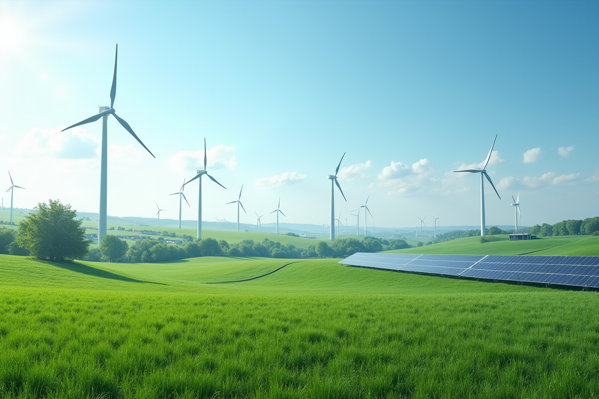 Paysage avec éoliennes et panneaux solaires dans la campagne