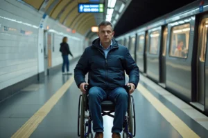 Homme en fauteuil roulant dans le métro parisien