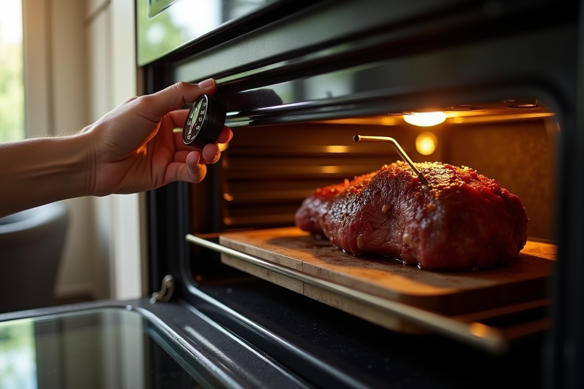 Main réglant la minuterie du four avec un rôti de bœuf en cuisson