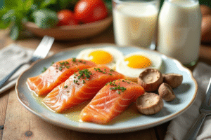 Table de petit déjeuner avec saumon œufs et champignons