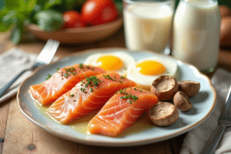 Table de petit déjeuner avec saumon œufs et champignons
