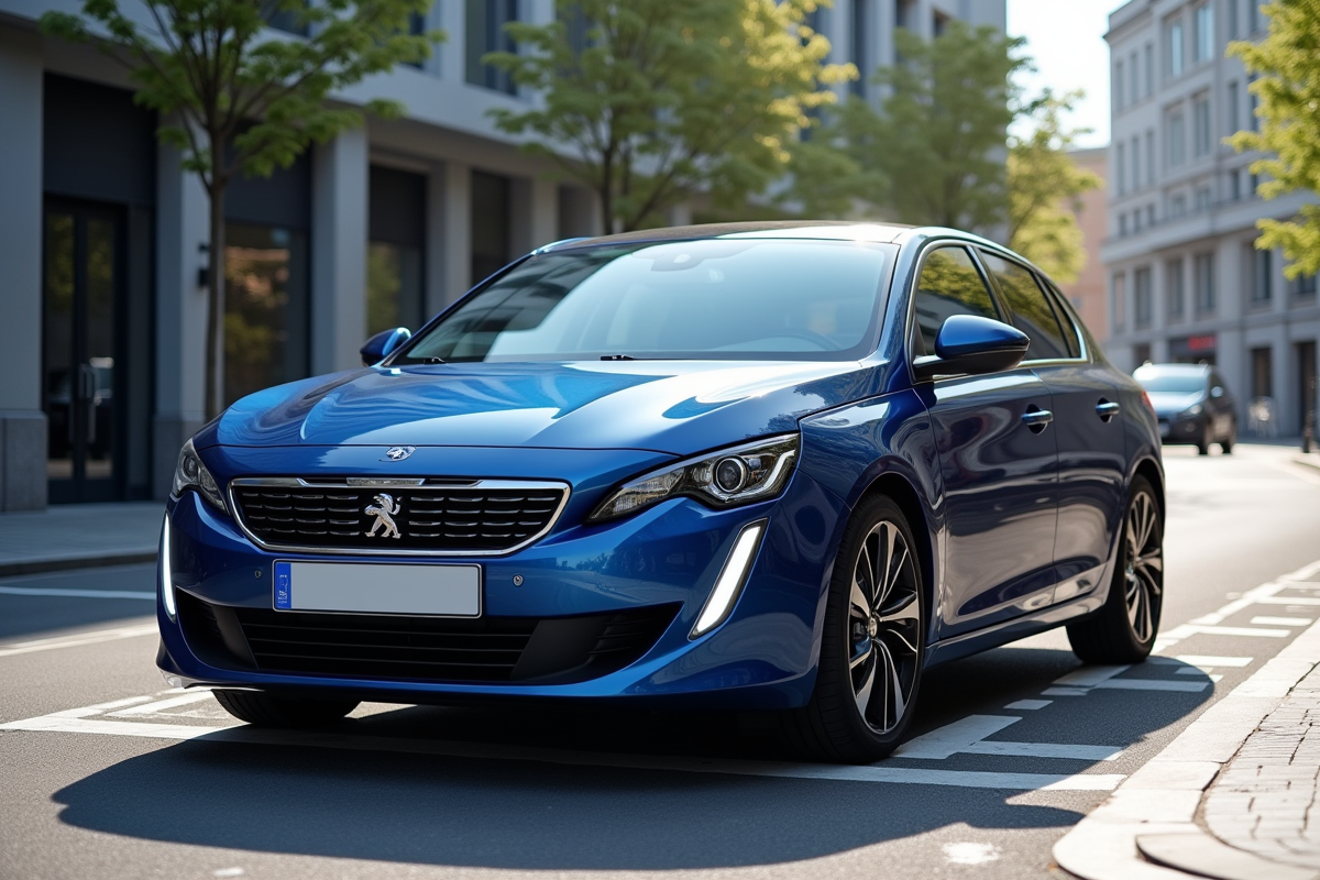 Voiture Peugeot 408 bleue en ville en journée
