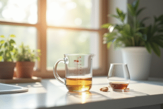 Plan de cuisine avec un verre doseur de 80 ml en lumière naturelle
