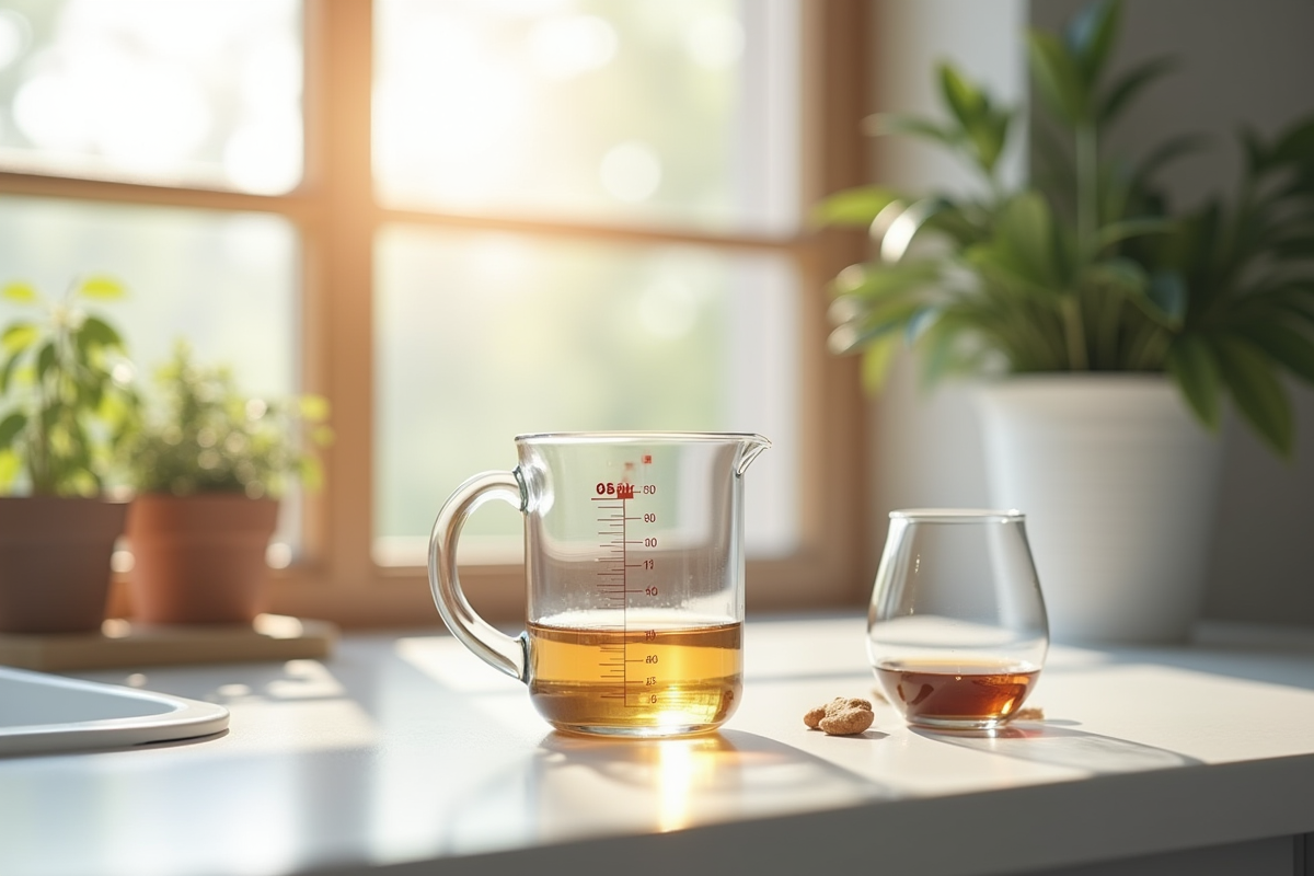 Plan de cuisine avec un verre doseur de 80 ml en lumière naturelle