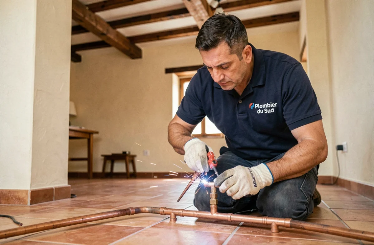 Technicien de Plombier du Sud en intervention sur une canalisation en cuivre dans une maison catalane