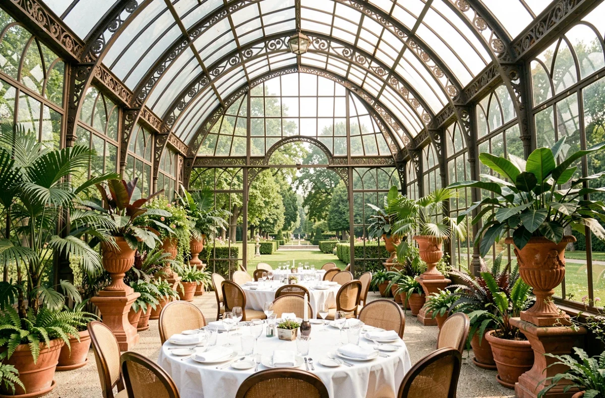 Pavillon du Pré Catelan dans le Bois de Boulogne avec verrière en fer forgé, plantes tropicales luxuriantes et tables gastronomiques dressées pour un événement