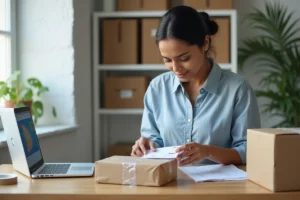 Femme préparant un colis e-commerce avec étiquette d'expédition et carte postale de Maurice affichée sur ordinateur portable