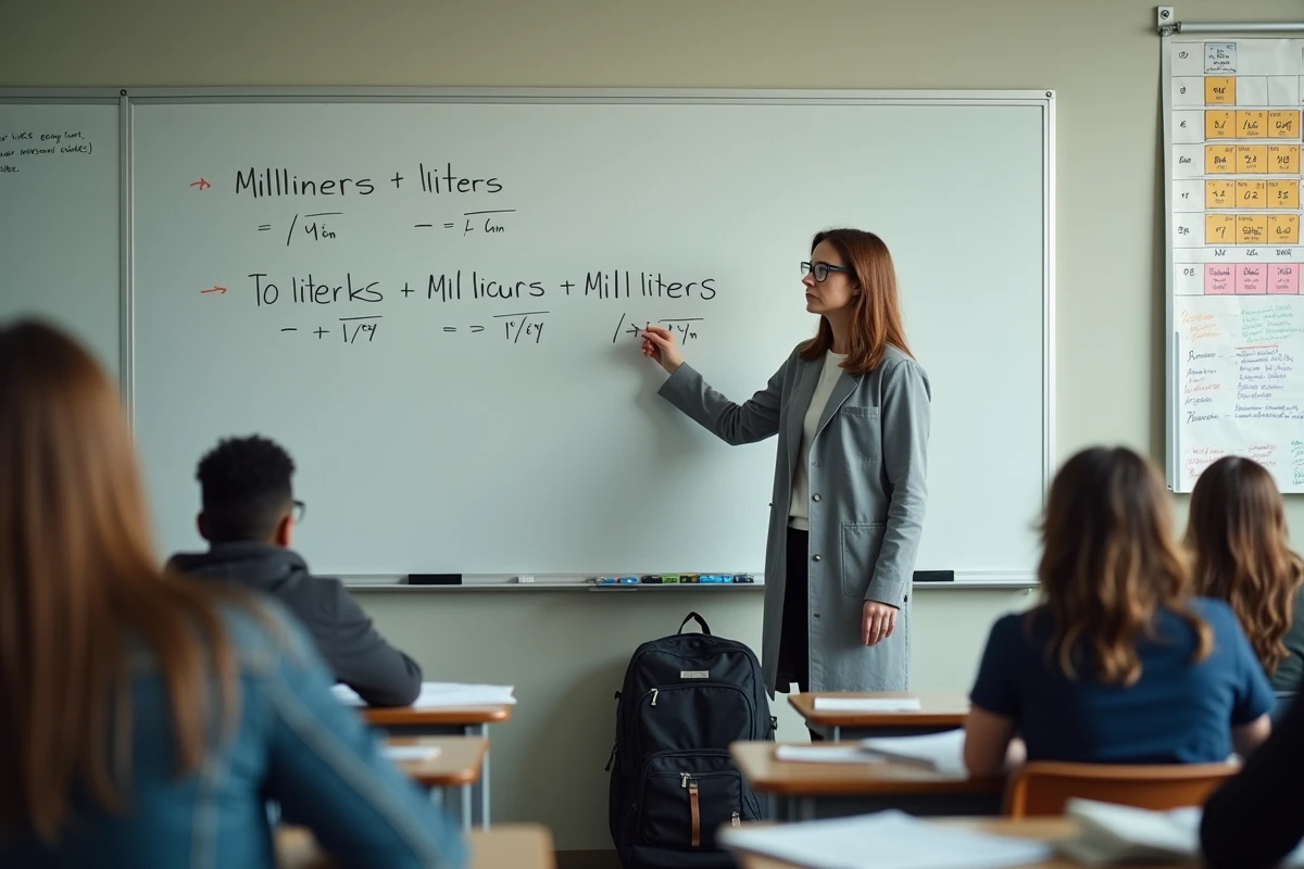 Professeure de chimie au lycée expliquant la conversion des unités de volume au tableau