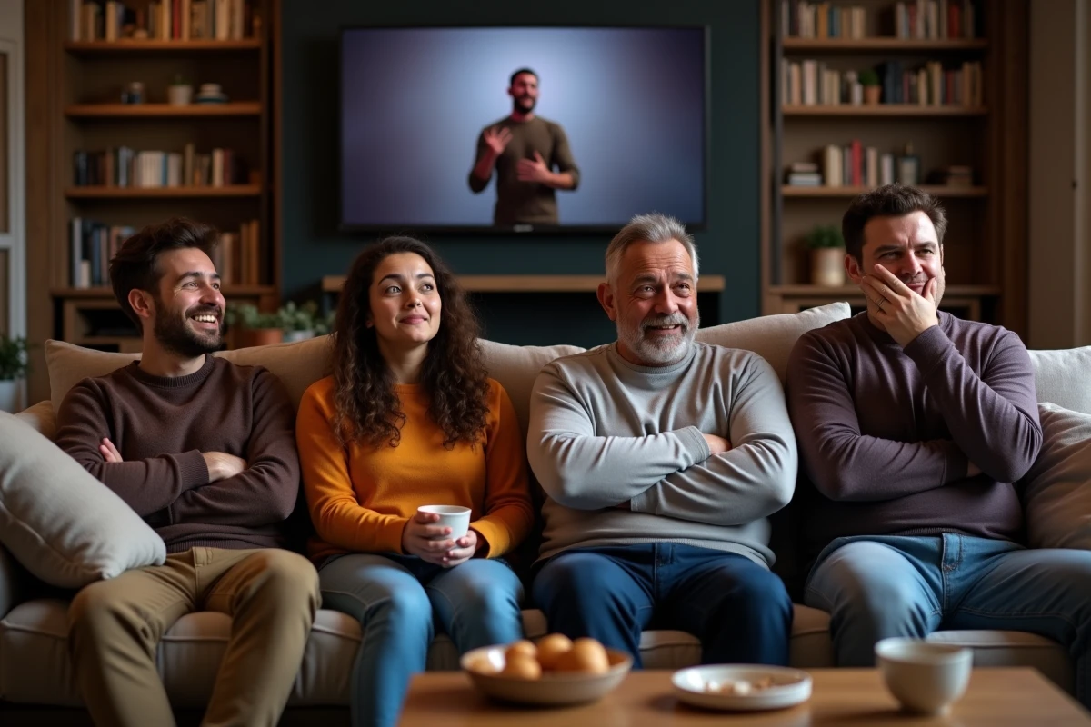 Groupe de personnes aux réactions divisées regardant un spectacle d'humour à la télévision