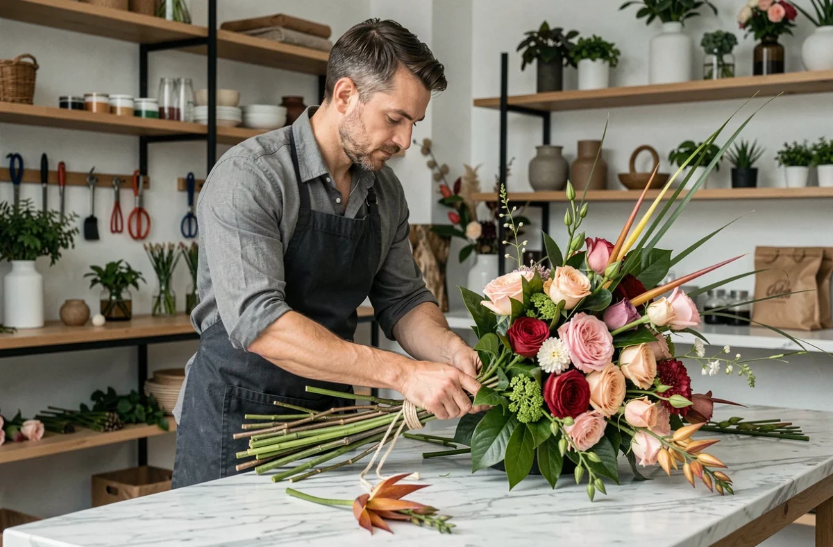 Régis Morin, créateur floral, assemblant une composition florale sculpturale dans son atelier moderne avec des roses et des tiges exotiques