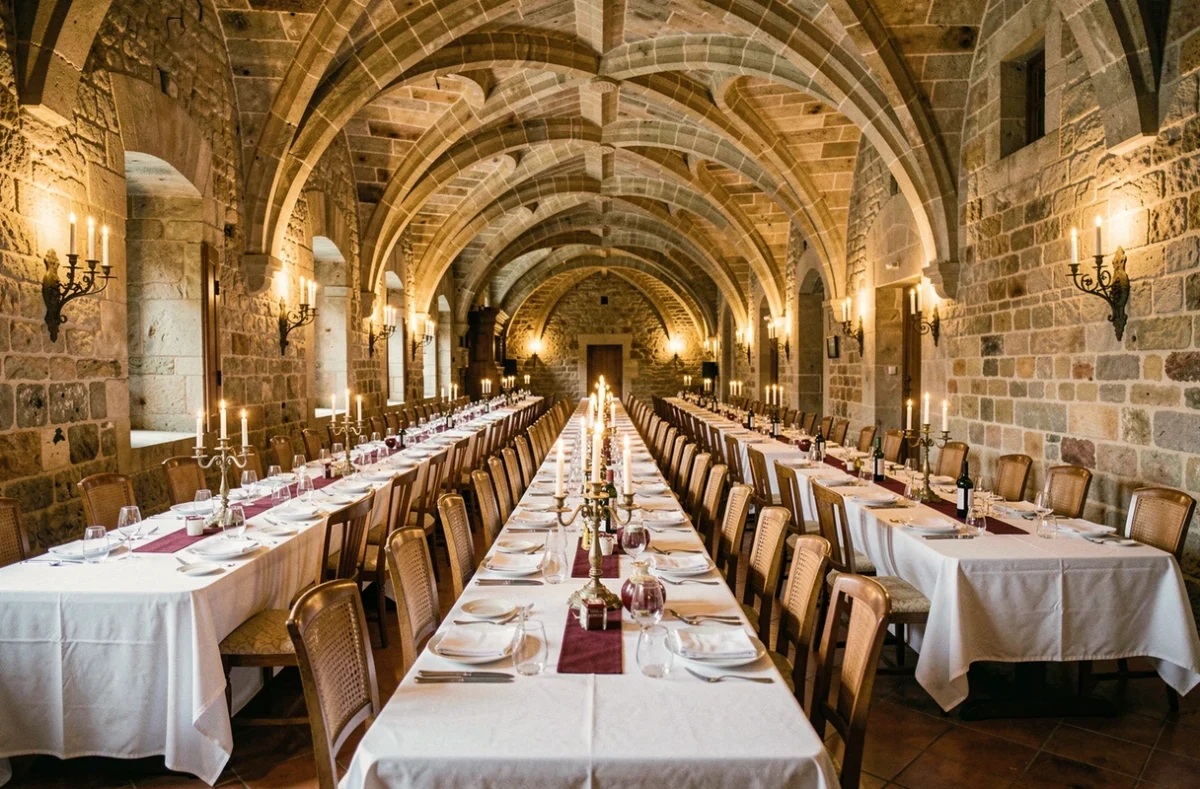 Restaurant Le Prieuré, salle de banquet médiévale avec voûtes en pierre et tables dressées pour un dîner privé formel