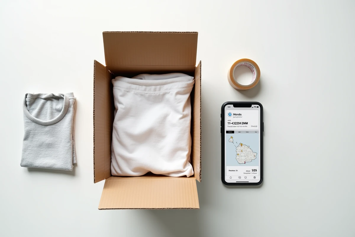 Vue aérienne d'un colis retour avec bordereau postal de Maurice et application de suivi logistique sur smartphone