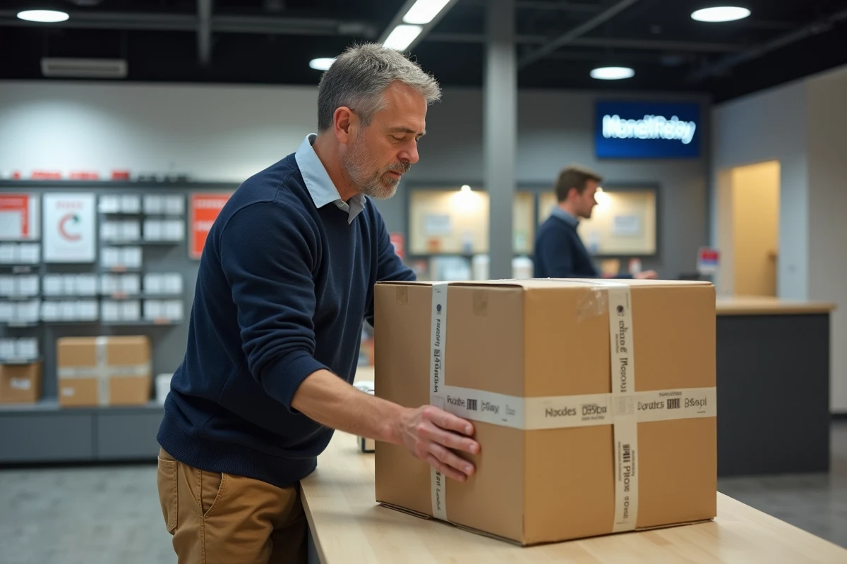 Homme scellant un colis au comptoir de livraison