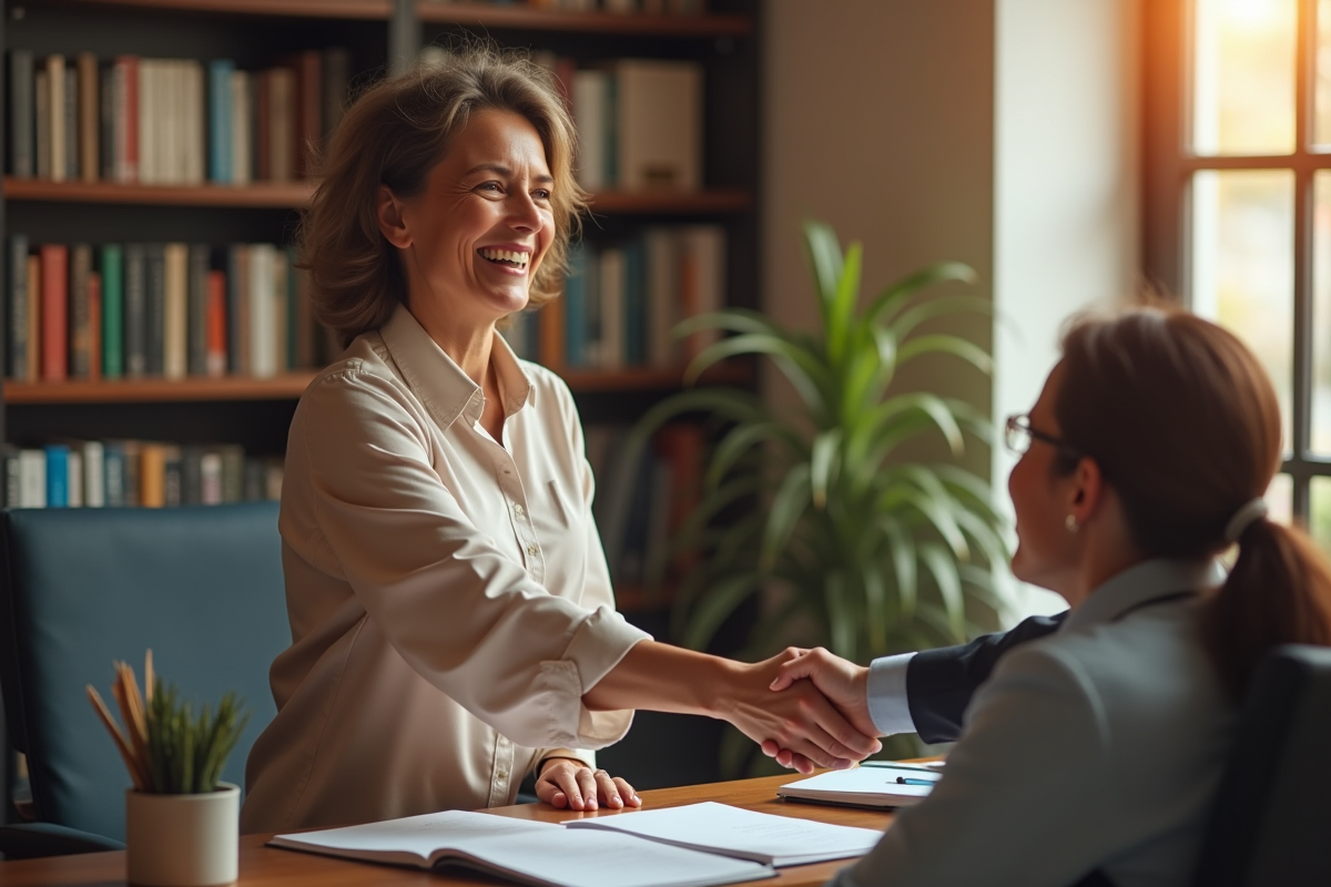Femme confiante serrant la main d un conseiller