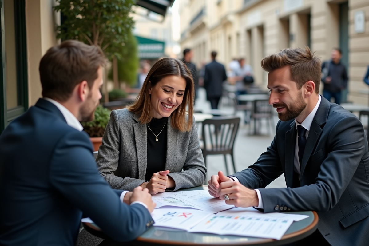 Groupe de professionnels discutant des lignes directrices ESG en extérieur