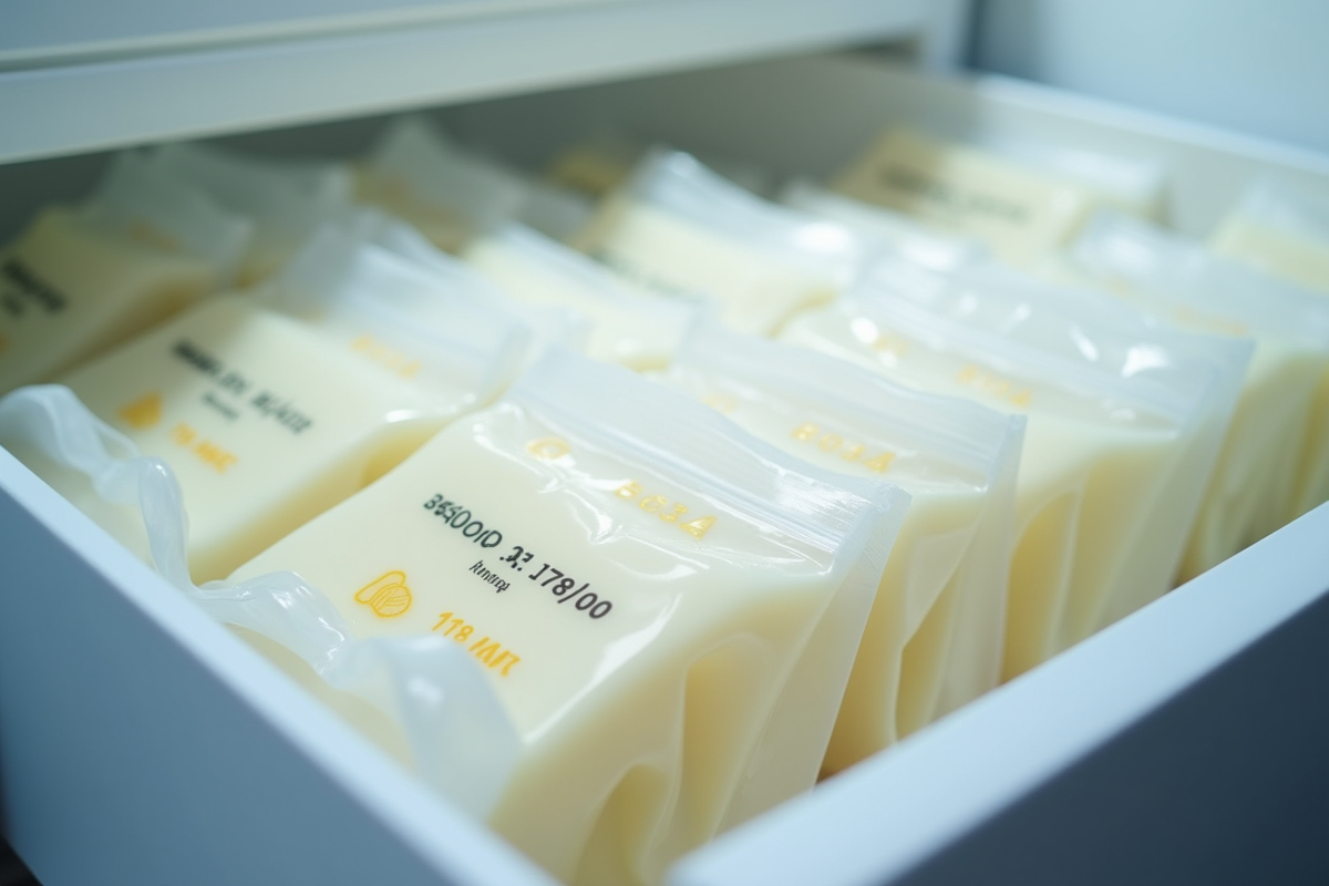 Sacs de lait maternel organisés dans un tiroir de réfrigérateur