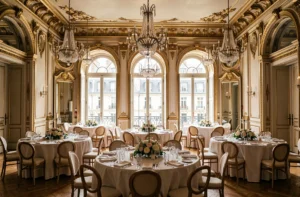 Vue d'ensemble d'une salle de réception parisienne élégante avec lustres en cristal, tables rondes dressées et moulures dorées