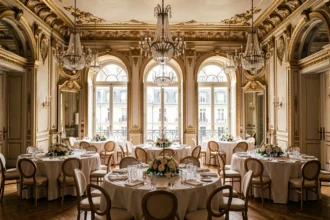 Vue d'ensemble d'une salle de réception parisienne élégante avec lustres en cristal, tables rondes dressées et moulures dorées