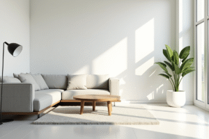 Salon moderne avec canapé gris clair et grande plante