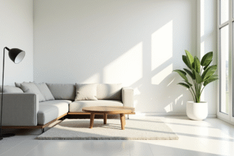 Salon moderne avec canapé gris clair et grande plante