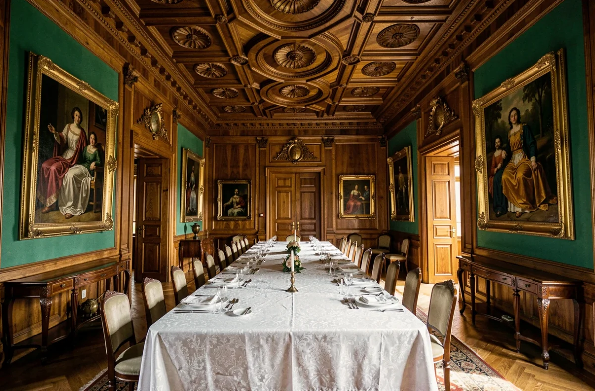 Salon Belle Époque des Salons Hoche avec boiseries sculptées, tableaux dans des cadres dorés et tables dressées pour un dîner de gala