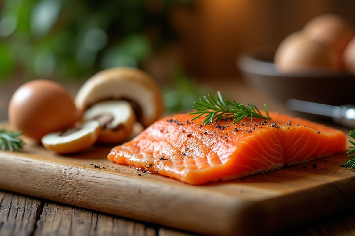 Gros plan sur saumon frais œufs et champignons