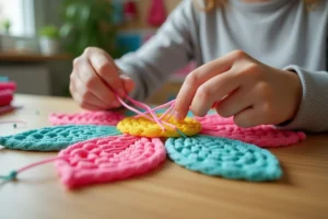 Mains de jeune fille tressant un scoubidou en forme de fleur avec des brins colorés rose, jaune et turquoise sur une table en bois