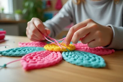 Mains de jeune fille tressant un scoubidou en forme de fleur avec des brins colorés rose, jaune et turquoise sur une table en bois