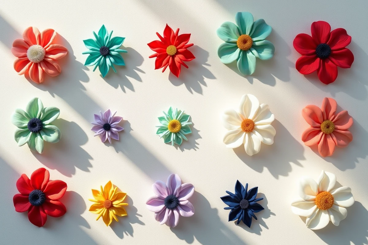 Vue de dessus de plusieurs scoubidous en forme de fleur aux associations de couleurs variées disposés sur un tissu blanc