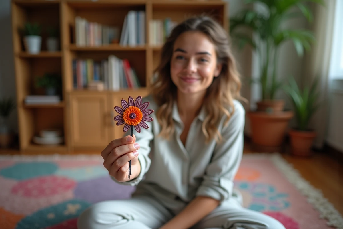 Jeune femme souriante tenant un porte-clés scoubidou fleur orange et violet dans son salon au décor chaleureux