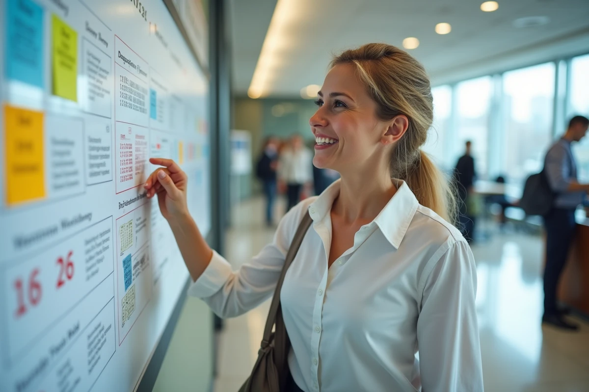 Secretaire souriante pointant le calendrier dans un bureau lumineux