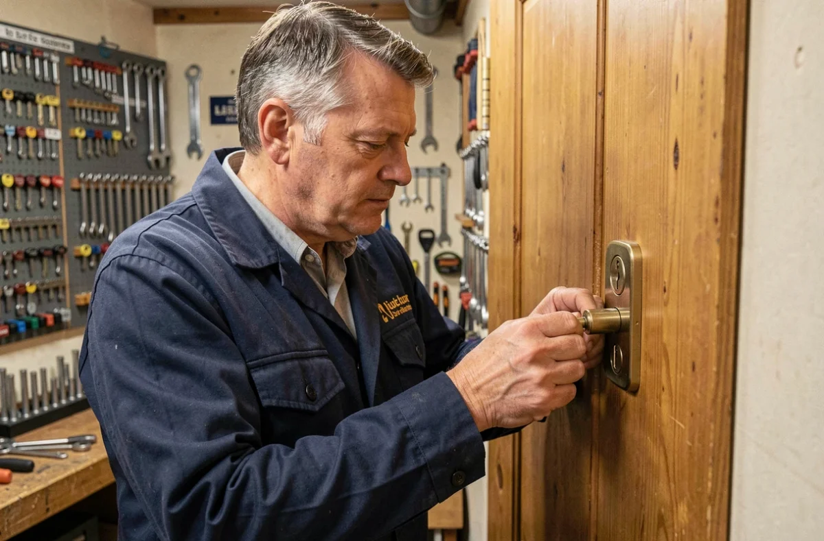 Serrurier de la Serrurerie de la Schliffe inspectant un verrou dans son atelier