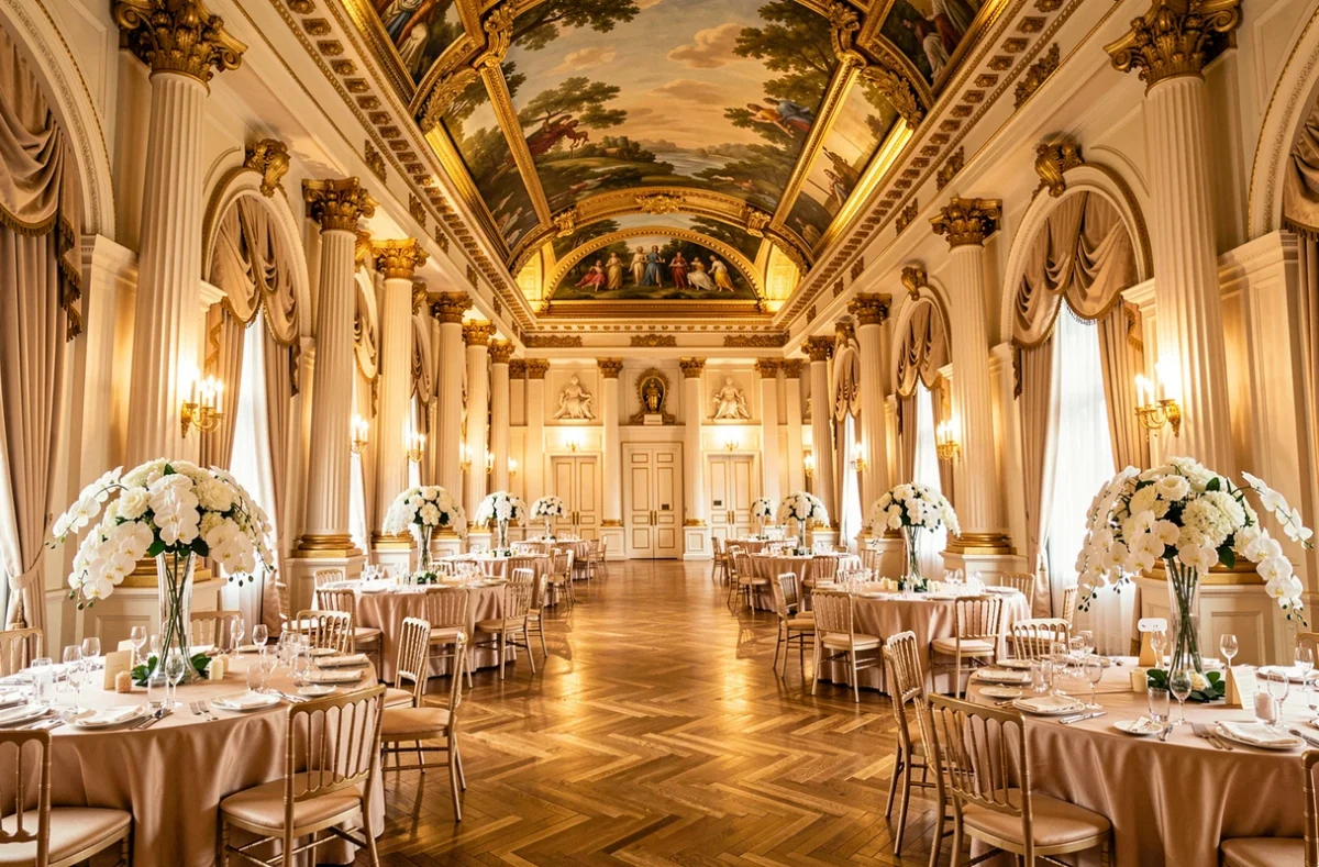 Salle de bal du Shangri-La Paris avec plafonds dorés peints à la main, pilastres corinthiens et tables de gala dressées en soie champagne et orchidées blanches
