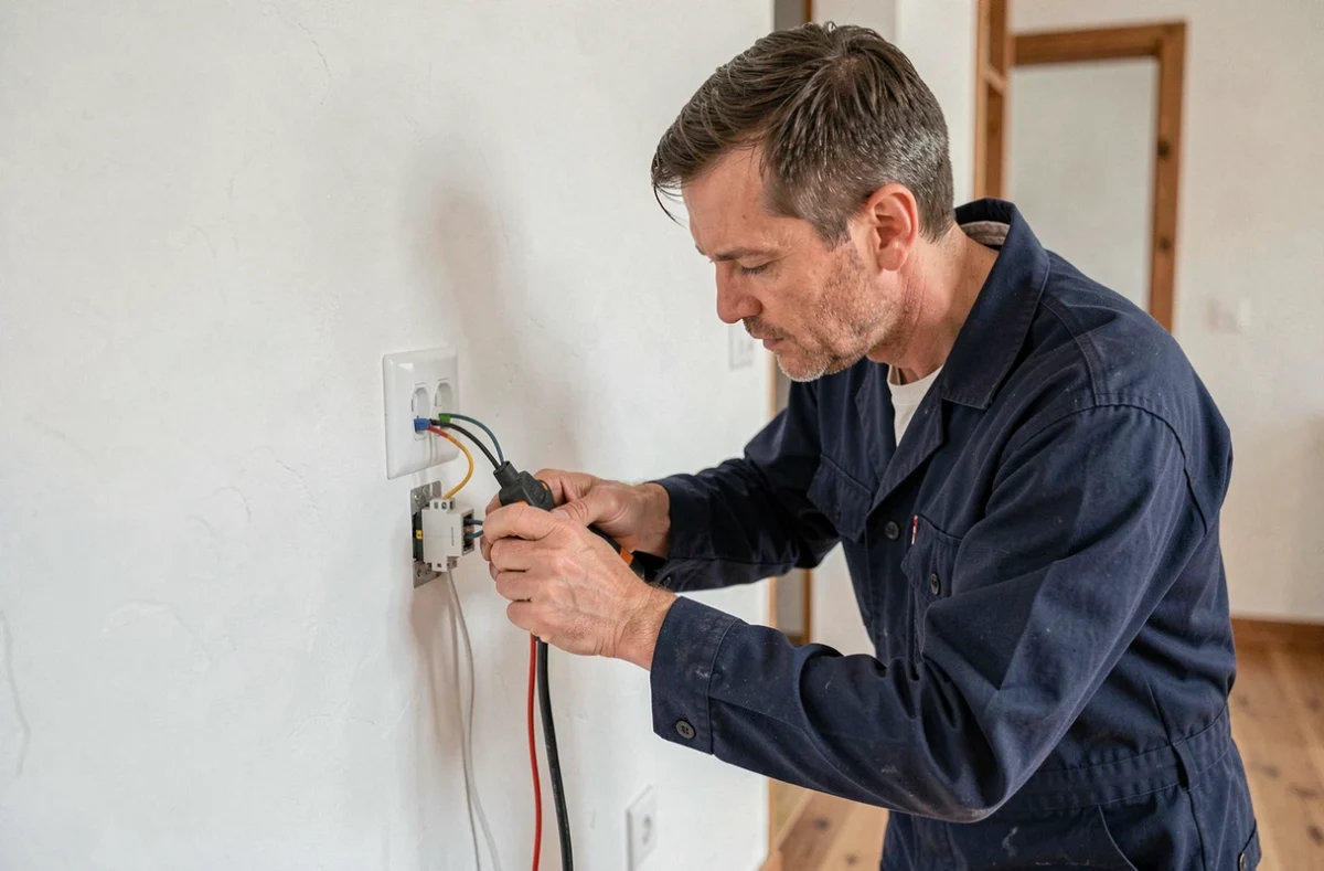 Électricien de S.P Elec Spagnul réalisant une installation électrique dans une maison du Jura