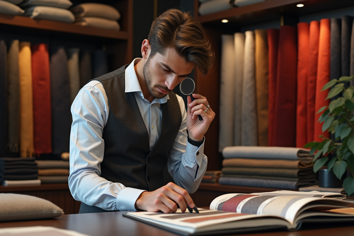 Jeune tailleur examinant un échantillon de tissus rares