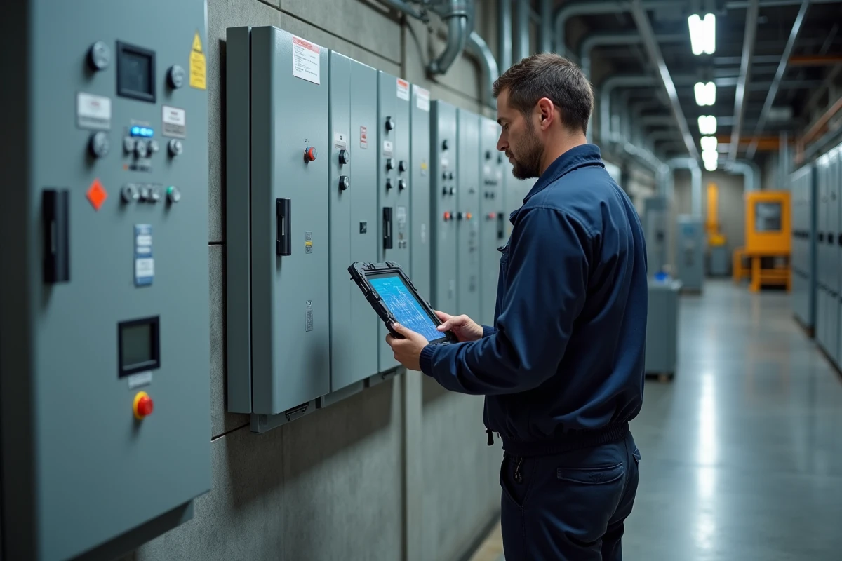 Technicien industriel consultant des données énergétiques en temps réel sur une tablette devant un tableau électrique en usine