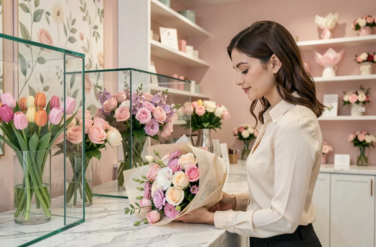 La boutique florale élégante Temps Des Fleurs avec une fleuriste emballant un bouquet de mariée en tulipes et roses dans du papier de soie