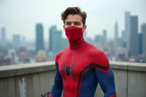Tom Holland en costume de Spider-Man sur un toit urbain, masque retiré avec un sourire naturel