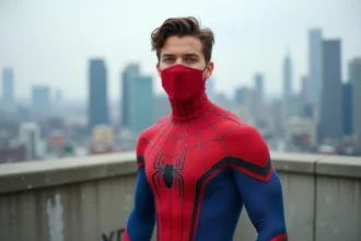 Tom Holland en costume de Spider-Man sur un toit urbain, masque retiré avec un sourire naturel