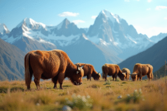 Troupeau de yaks paissant dans un paysage de haute altitude