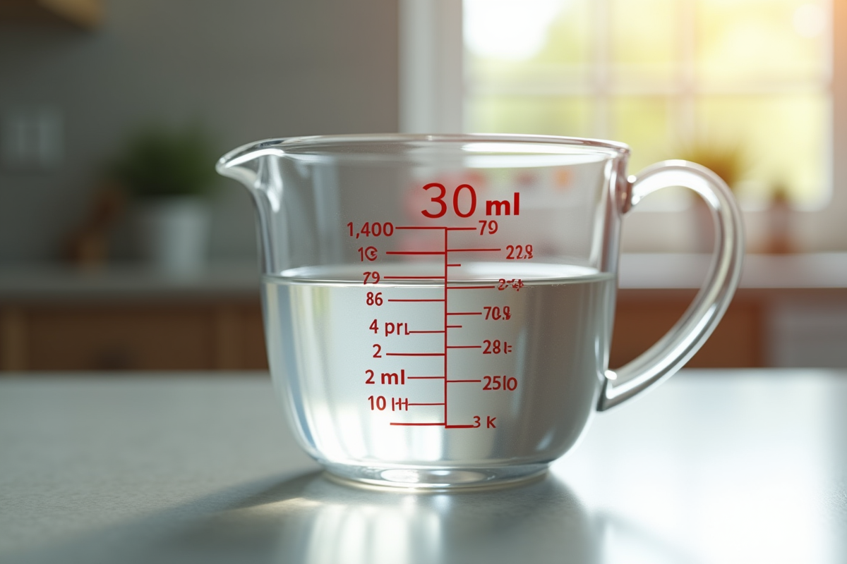 Verre mesure 30 ml sur plan de travail de cuisine