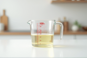 Verre mesureur avec 100 ml de liquide sur plan de cuisine lumineux