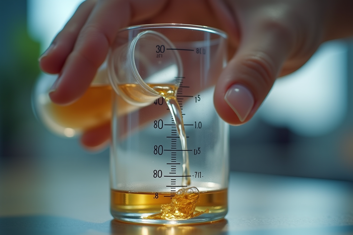 Main versant un liquide dans un cylindre de mesure précis