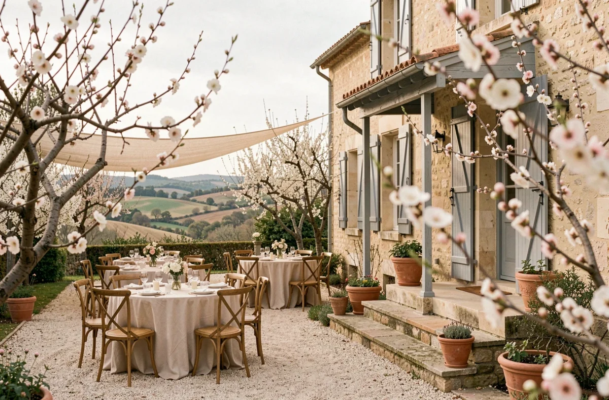 La Villa des Amandiers, villa provençale entourée d'amandiers en fleurs avec terrasse dressée pour un cocktail de mariage