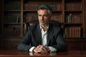 Portrait d'un homme d'origine slave en blazer anthracite assis à un bureau élégant, illustrant la discrétion médiatique de Vladimir Boudnikoff