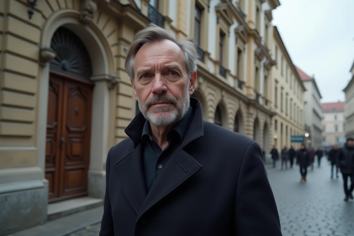 Homme d'apparence est-européenne en manteau marine devant une architecture historique européenne, évoquant les origines de Vladimir Boudnikoff