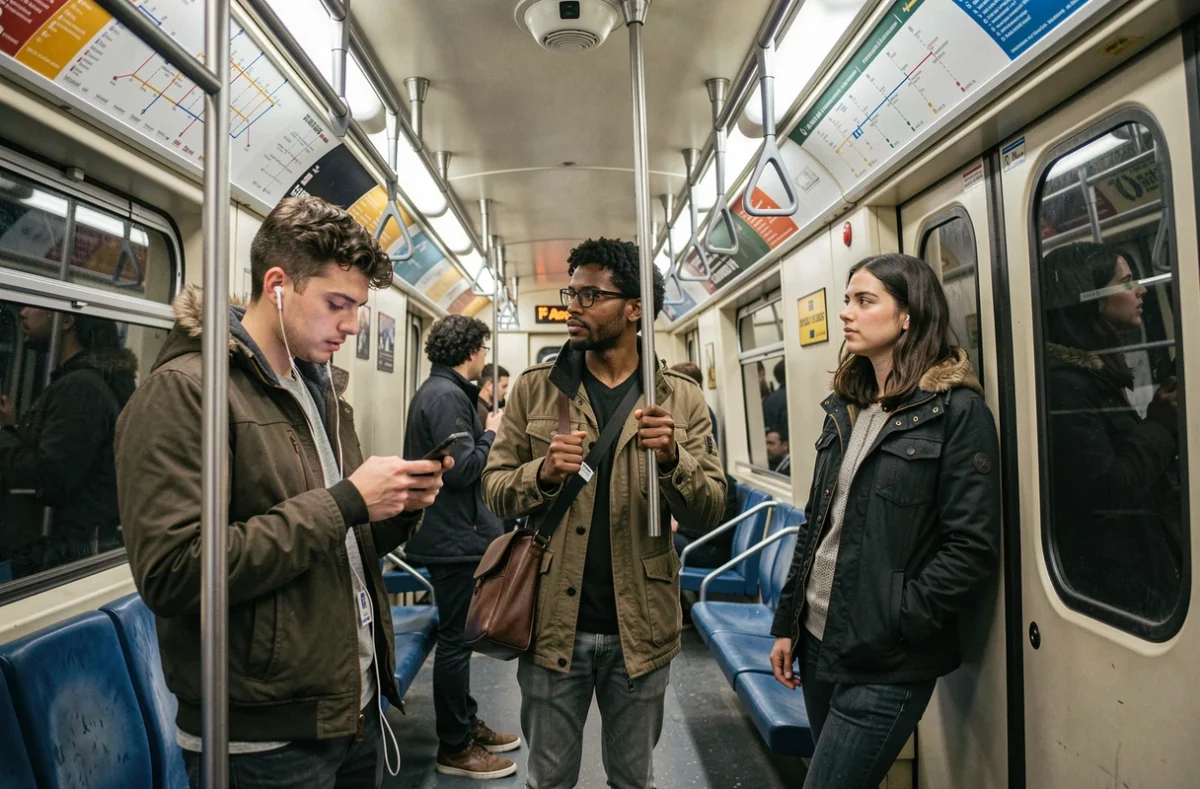 Groupe de voyageurs dans une rame de métro RATP arrêtée attendant la reprise du trafic